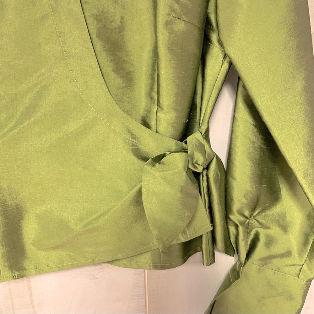 Sunny Leigh Green Silk Cross-Front Collared Tie Wrap Blouse Top Sz 8 - Picture 7 of 7